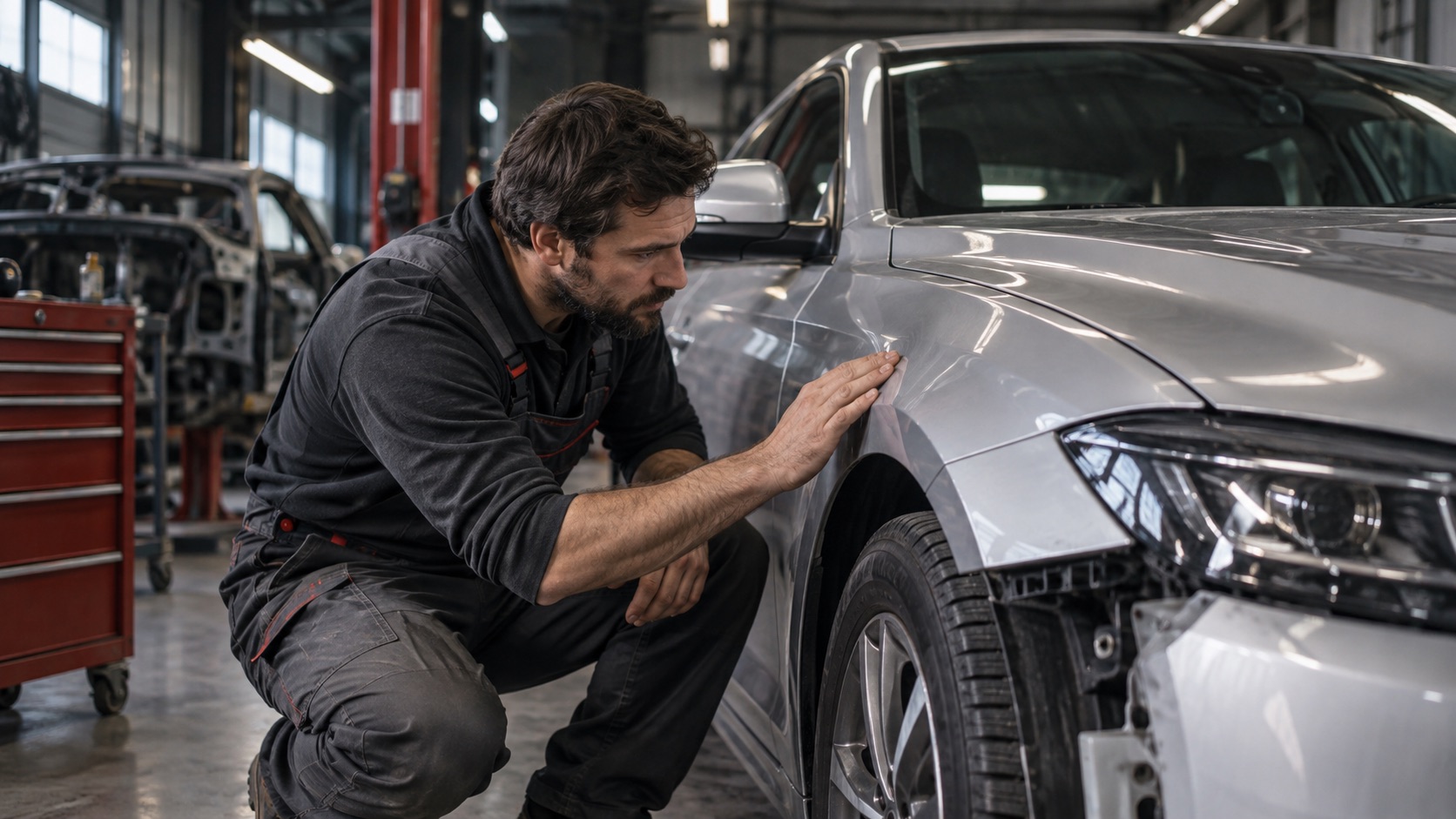 Illustration of a technician inspecting a silver car in a collision repair workshop